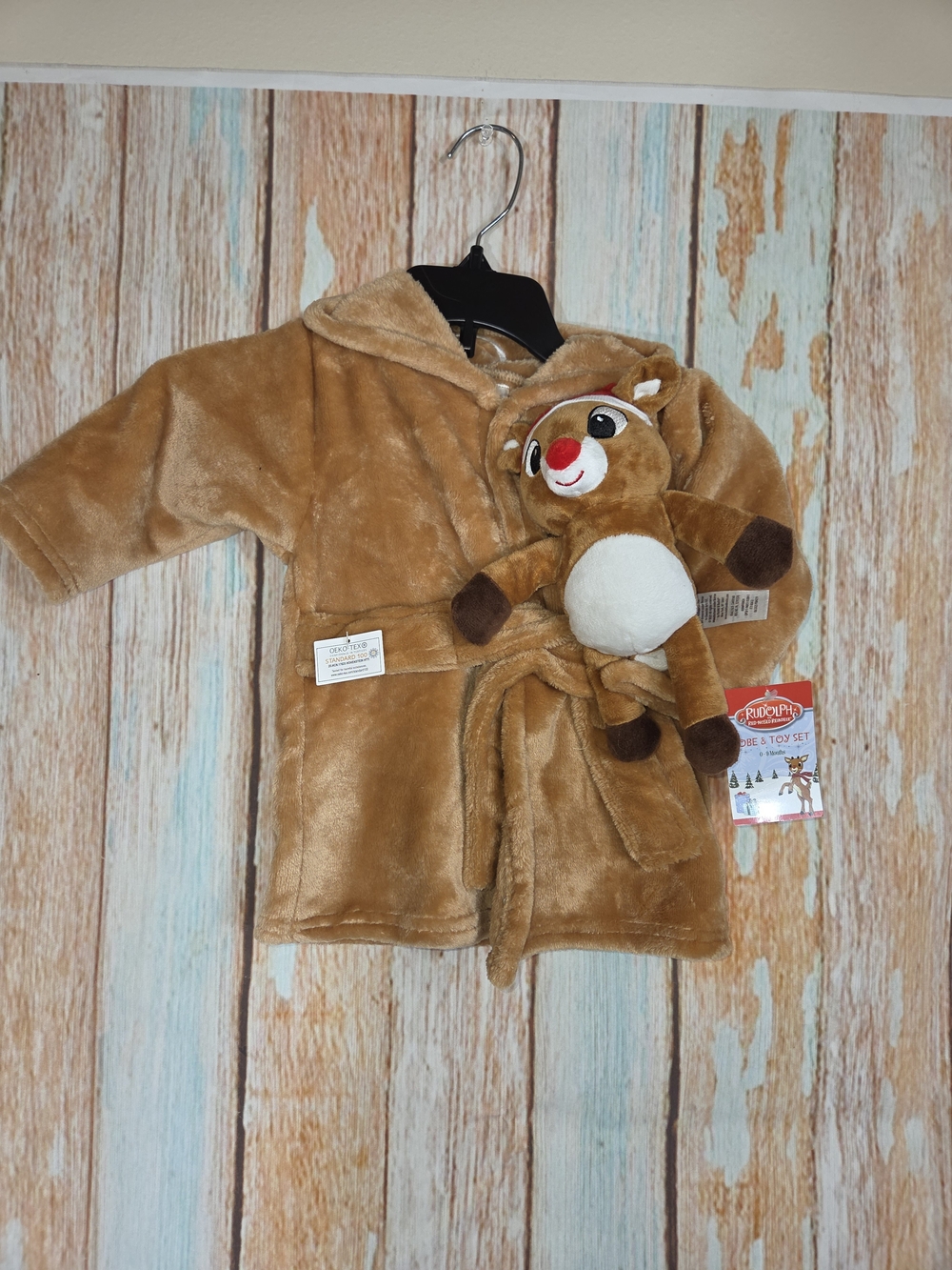 Rudolph Kids Plush Reindeer Hooded Robe with Toy - Brown. Size 0-9m